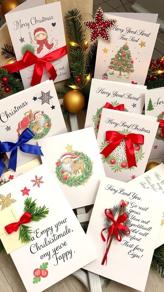 A collection of handmade Christmas cards with festive designs and heartfelt messages.